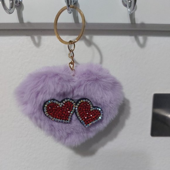 Heart Shaped Purple Pom Pom Keychain With Rhinestone Hearts Lovely Cute - Picture 2 of 4